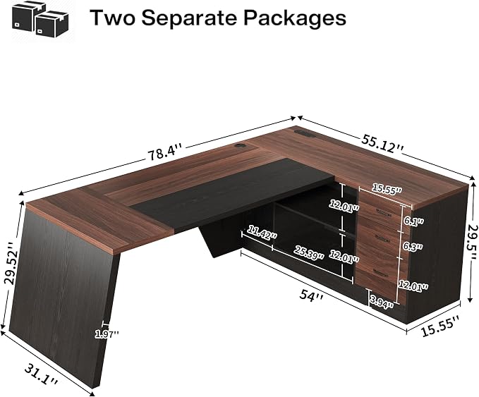 Epecoya L-Shaped Executive Desk with Drawer, 78-Inch Large Home Office Desk with Cord Hold and Power Outlet, Modern Computer Table with Lateral File Cabinet,Open Shelf and PC Stand, Walnut Brown Black