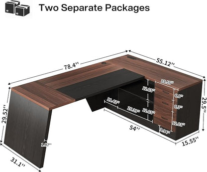 Epecoya L-Shaped Executive Desk with Drawer, 78-Inch Large Home Office Desk with Cord Hold and Power Outlet, Modern Computer Table with Lateral File Cabinet,Open Shelf and PC Stand, Walnut Brown Black