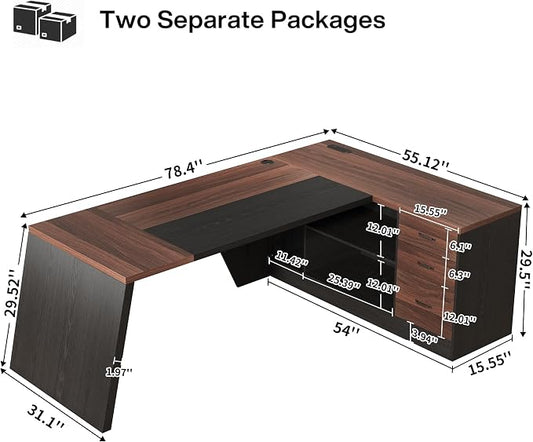 Epecoya L-Shaped Executive Desk with Drawer, 78-Inch Large Home Office Desk with Cord Hold and Power Outlet, Modern Computer Table with Lateral File Cabinet,Open Shelf and PC Stand, Walnut Brown Black