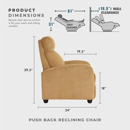 Lexicon Corduroy Pushback Recliner Chair Armchair Push Back Recliner, Solid Wood Frame and Metal Base, Easy Assembly Small Soft Single Sofa Accent Chair for Living Room/Office/Apartment, Yellow