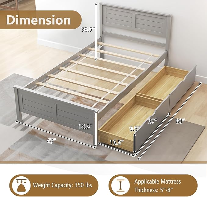 KOMFOTT Twin Size Wood Bed Frame with 2 Storage Drawers, Mid Century Platform Bed Frame with Headboard, Sturdy Wooden Slats Support, Modern Mattress Foundation, No Box Spring Required, Easy Assembly