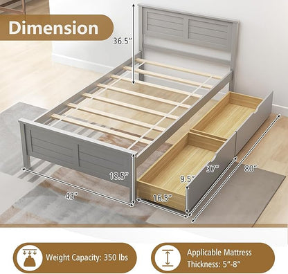 KOMFOTT Twin Size Wood Bed Frame with 2 Storage Drawers, Mid Century Platform Bed Frame with Headboard, Sturdy Wooden Slats Support, Modern Mattress Foundation, No Box Spring Required, Easy Assembly