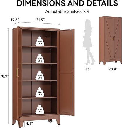 COFaR 71" Metal Pantry Cabinet in Brown, 5-Tier Storage with Adjustable Shelves, Metal-Tone Cupboard for Kitchen, Office & Living Room Organization
