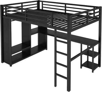 Bellemave Full Size Loft Bed with Desk, Wardrobe, Metal Full Loft Bed Frame for Adults, Kids, Teens, Black
