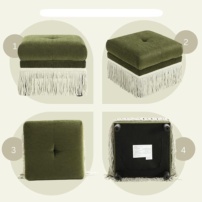 Hyfirm 22 Inch Square Green Ottoman with Fringe for Living Room, Plush Footstool Ottoman for for Bedroom, Modern Boho Upholstered Accent Pouf Ottomans Foot Rest