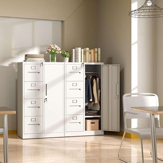 IKIMI Locking File Cabinet with 4 Drawers and 1 Door,White Metal Storage Locker Cabinets for Employees,Home Office Filing Cabinets for Legal/Letter Size Files, Assembly Required