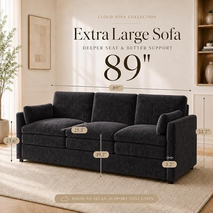 Esright Apartment Cloud Couch, 89-Inch 3-Seat Chenille Sofa, Black | Skin-Friendly Fabric, Deep 22" Seat, 2×6.3" Plush Back Pillows, Wood Frame, 800-Lb Support for Studios and Living Rooms