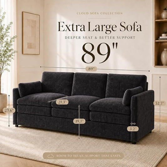 Esright Apartment Cloud Couch, 89-Inch 3-Seat Chenille Sofa, Black | Skin-Friendly Fabric, Deep 22" Seat, 2×6.3" Plush Back Pillows, Wood Frame, 800-Lb Support for Studios and Living Rooms