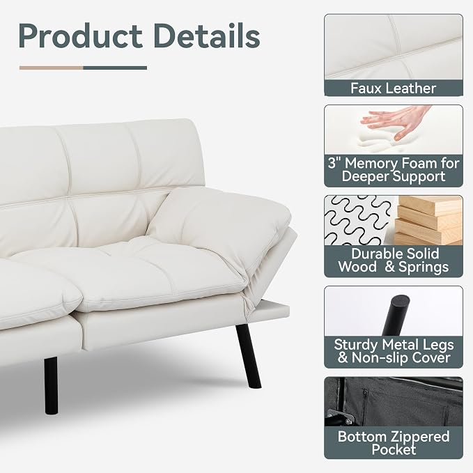 Futon Sofa Bed Convertible Couch, White Faux Leather Sofa Bed with Memory Foam, Adjustable Backrest & Armrests, Multifunctional Small Loveseat Sleeper Sofa for Living Room, Apartment, Office