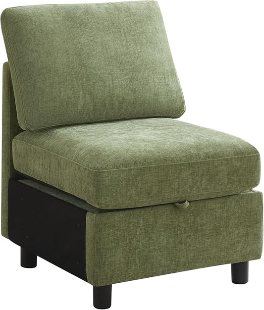 WUTUTUEE Middle Seat Module for Modular Sectional Couch Sofa, Living Room Accent Armless Sofa Chair with Storage & Pillow, Modern Side Sectional Middle Unit, Chenille Green