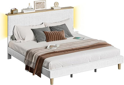 Bestier King Bed Frame with Adjustable Headboard & RGB LEDLighting, Corduroy Upholstered Platform Bed Frame withStorage Shelf, Solid Wood Slats, No Box Spring Needed,Never Squeak, Light Grey