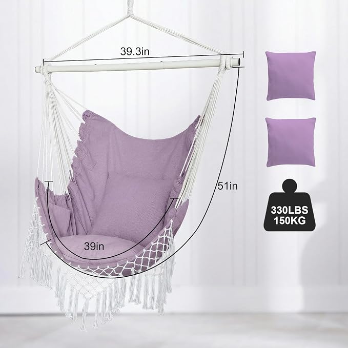 Hammock Chair, Hanging Rope Swing Seat with 2 Cushions,Macrame Hanging Chair Side Pocket with High Load-Bearing Metal Rod,for Indoor, Outdoor, Extra Comfortable (Light Purple)