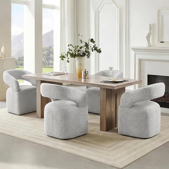 KISLOT Upholstered Dining Chairs Set of 2, Modern Arm Kitchen & Dining Room Chairs with Hidden Casters, Linen Fabric Padded Rolling Chairs, Sturdy Wood Frame, 300 lbs Capacity, Light Grey