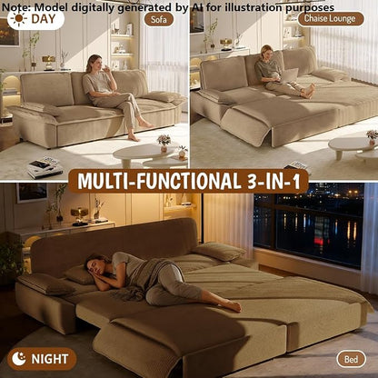 94.5'' Sleeper Sofa Bed King Size, Modern Corduroy Pull Out Couch, 3-in-1 Convertible Futon Sofa, 3 Seater Couches, Cloud Recliner, Pillow Arm, for Living Room, Apartment, RV, Offices, Camel