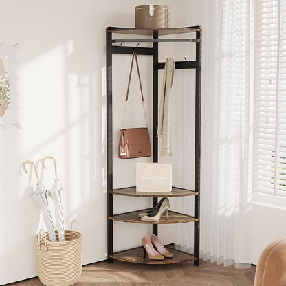 Coat Rack Freestanding with 6 Double Hooks, Shoe Bench & Storage Shelf - Freestanding Hall Tree Organizer for Entryway, Bedroom, Living Room, Space-Saving,Retro color