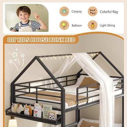 DICTAC Twin Over Twin Low Bunk Bed with Desk and Drawers, Black | Metal House Shaped Low Bunk Bed, 2 Storage Drawers, Bookshelf and Side Pocket, Floor Bunk Bed with 13.4''H Safety Guardrail