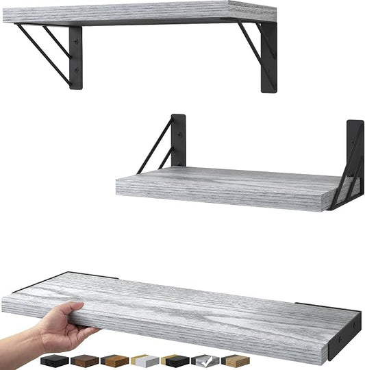 BAYKA Wall Shelves for Bedroom Decor, Floating Wall Shelves for Living Room Kitchen Storage, Mounted Rustic Wood Floating Shelves for Kids Books,Corner Shelves for Bathroom(Gray White，Set of 3)