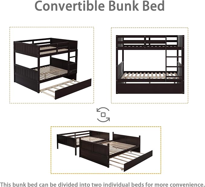 Merax Trundle Bunk Bed, Full Over Full Wood Bunk Bed with Twin Size Trundle, Guardrail and Ladder, Can be Separated into 2 Beds, Espresso