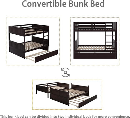 Merax Trundle Bunk Bed, Full Over Full Wood Bunk Bed with Twin Size Trundle, Guardrail and Ladder, Can be Separated into 2 Beds, Espresso