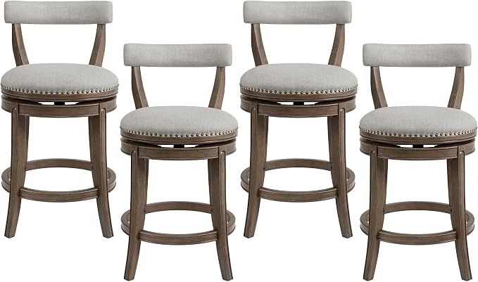 ROME + OAK Ruxban 26" Counter Stool, Set of 4 Low Back Swivel Barstools in Weathered Oak Finish with Sand Fabric Upholstery Seat - Indoor Home Furniture