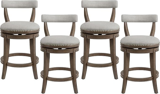 ROME + OAK Ruxban 26" Counter Stool, Set of 4 Low Back Swivel Barstools in Weathered Oak Finish with Sand Fabric Upholstery Seat - Indoor Home Furniture