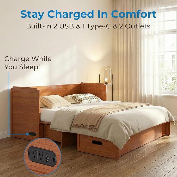 Mjkone Queen Murphy Bed with Mattress Include, Murphy Cabinet Bed with USB Charging Station, Hidden Cube Cabinet Beds with Large Storage Drawer for Bedroom Guest Room Home Office, Cherry