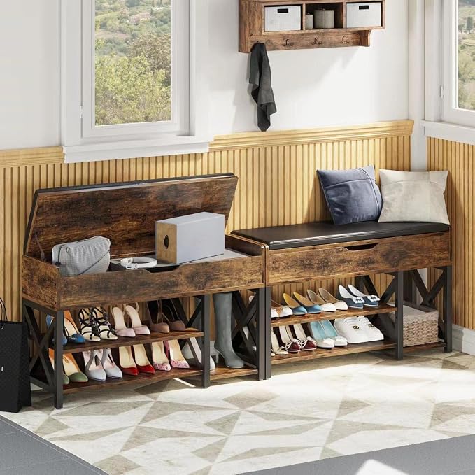 Shoe Bench, Lift Top Shoe Storage Bench, Adjustable Shelf Entryway Bench, Metal and Wood Shoe Rack Organizer with Cushion for Entry, Bedroom, Closet, Living Room, Hallway (Brown, 35.5“W)