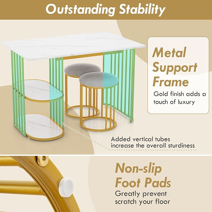 Giantex 3-Piece Dining Table Set for 2, Rectangular Kitchen Table with 2 Stools, 2-Tier Storage Shelf, Upholstered Seat, Faux Marble Top, Metal Frame, Dinette Desk, Breakfast Desk for Small Space