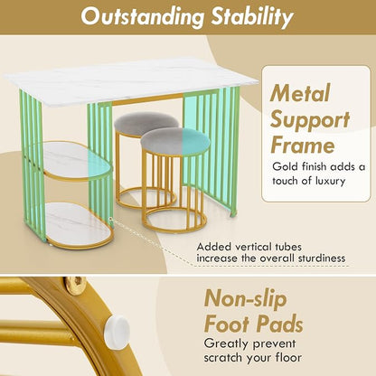 Giantex 3-Piece Dining Table Set for 2, Rectangular Kitchen Table with 2 Stools, 2-Tier Storage Shelf, Upholstered Seat, Faux Marble Top, Metal Frame, Dinette Desk, Breakfast Desk for Small Space