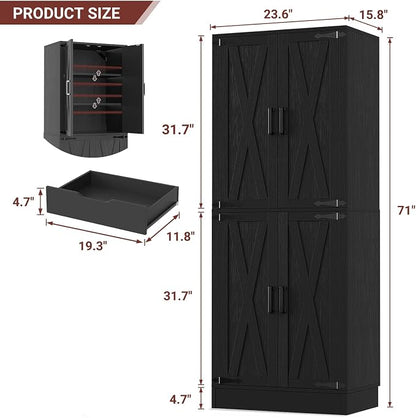 Unikito Black 71" Tall Kitchen Pantry Cabinet, Hidden Drawer and Farmhouse Barn Doors, 4 Adjustable Shelves, Freestanding Cupboard for Kitchen, Dining Room, Living Room, Utility Room