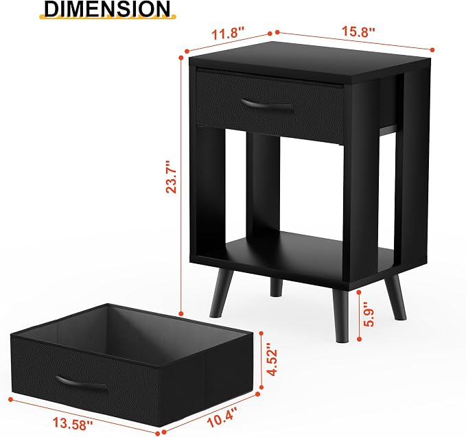 GYIIYUO 24" H Nightstands Set of 2 with Fabric Drawer, Black | Open Wood Shelf, Side Table with Storage for Bedroom, Spacious 15.7"L x 11.8"W x 24"H Top Fits Lamp + Books, Stable Frame