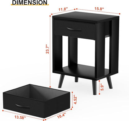GYIIYUO 24" H Nightstands Set of 2 with Fabric Drawer, Black | Open Wood Shelf, Side Table with Storage for Bedroom, Spacious 15.7"L x 11.8"W x 24"H Top Fits Lamp + Books, Stable Frame