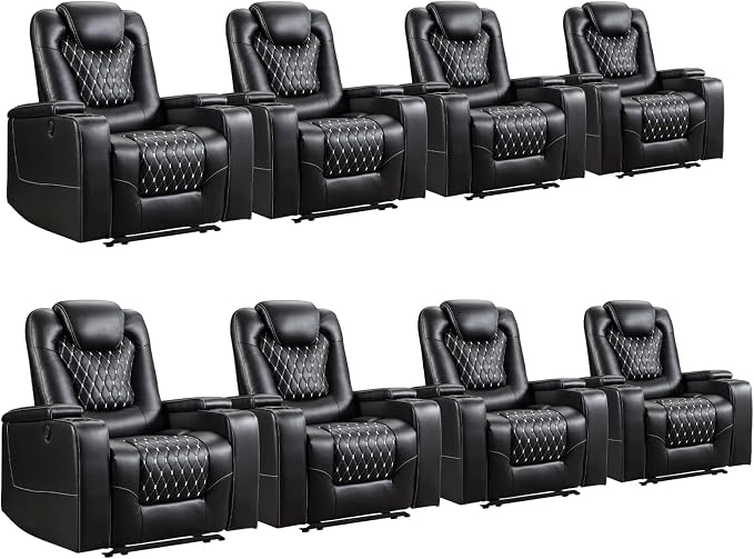 ANJ Power Recliner Chair Set of 8, Electric Soft Faux Leather Reclining Home Theater Seating - USB Ports, Cup Holders, Hidden Arm Storage Movie & Media Room Chairs (Black)