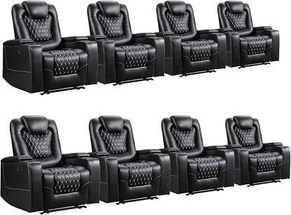 ANJ Power Recliner Chair Set of 8, Electric Soft Faux Leather Reclining Home Theater Seating - USB Ports, Cup Holders, Hidden Arm Storage Movie & Media Room Chairs (Black)