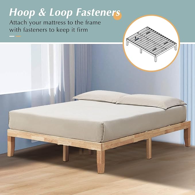 COSTWAY Queen Size Platform Bed Frame, 14 Inches Solid Rubber Wood Bed Mattress Foundation with Sturdy Slats Support, Easy Assembly Bed Frame for Home Hotel, No Box Spring Needed (Natural, Queen)