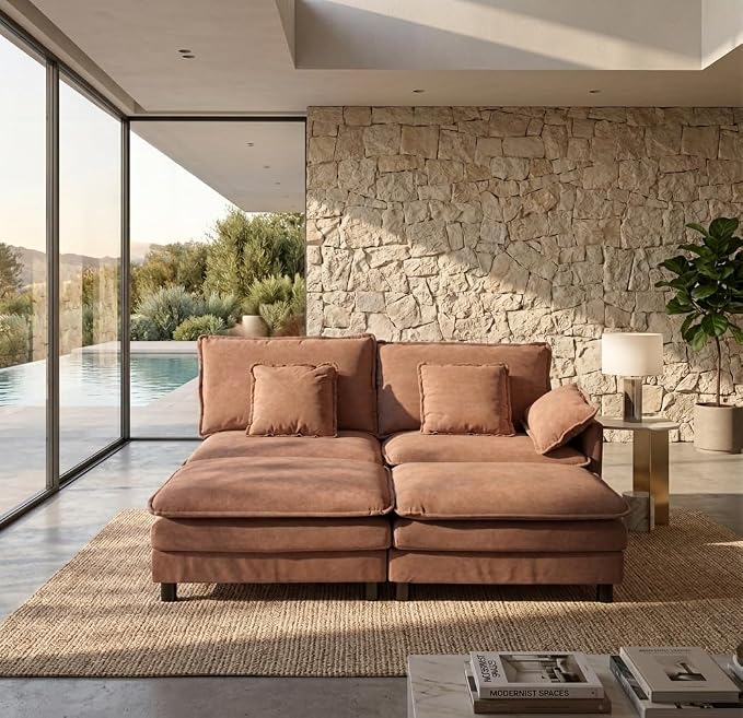 YDN 75" Oversized Modular Cloud Couch Bed with Ottoman x 2, Modern Sectional Sleeper Sofa, 4 Deep Seat Couches for Living Room Bedroom, Office, Apartment, Khaki
