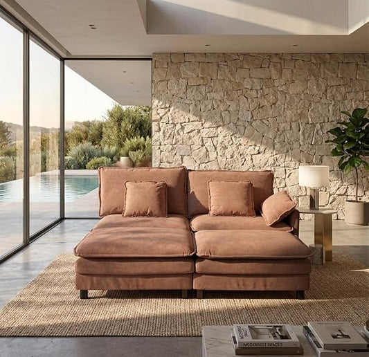 YDN 75" Oversized Modular Cloud Couch Bed with Ottoman x 2, Modern Sectional Sleeper Sofa, 4 Deep Seat Couches for Living Room Bedroom, Office, Apartment, Khaki
