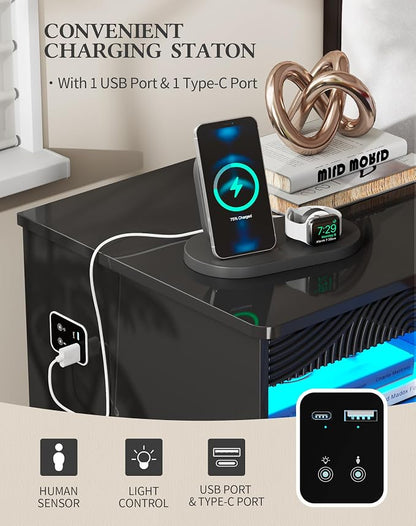 LED Nightstand with Gun Drawer, Modern Bedside Table with 3-Color Lights & Human Sensor, Smart Night Stand with Charger Station, 2 Drawers End Table for Bedroom, Black
