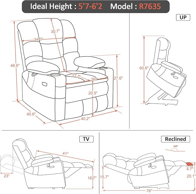 MCombo Big Man Power Lay Flat Lift Chair, Triple Motor Power Lift Recliner with Massage & Dual Heating, Adjustable Headrest, Fabric R7635 (Beige, Large-Wide)