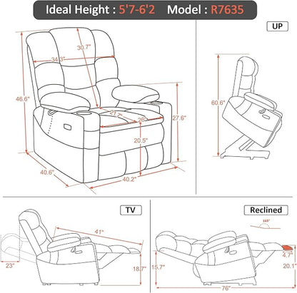 MCombo Big Man Power Lay Flat Lift Chair, Triple Motor Power Lift Recliner with Massage & Dual Heating, Adjustable Headrest, Fabric R7635 (Coffee, Large-Wide)