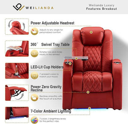 Weilianda Home Theater Seating Top Grain Leather Zero Gravity Recliner Chair Power Headrest Recline Movie Seat Gaming 7 Colors Mood Light Sofa with Tray Table USB Charge Row of 3 Red