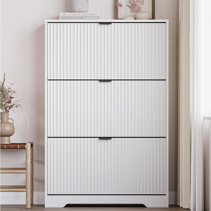 BORNOON Entryway Shoe Cabinet with 3 Flip Drawers, Narrow Shoe Organizer Cabinet with Fluted Panel and Adjustable Shelves for Foyer, Hallway