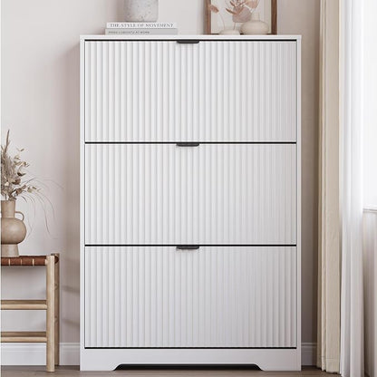 BORNOON Entryway Shoe Cabinet with 3 Flip Drawers, Narrow Shoe Organizer Cabinet with Fluted Panel and Adjustable Shelves for Foyer, Hallway