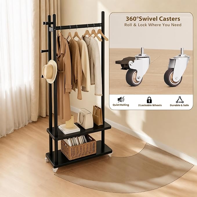 Taitiy Solid Wood Coat Rack Freestanding, Coat Rack Stand with 2 Shelves & 4 Hooks, Coat Tree for Entryway, Hallway, Bedroom, Living Room, Office - Clothing Rack for Coats, Hats, Bags (Black-L-Wheel)