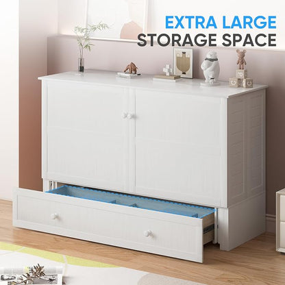 PUREMIND Queen Murphy Bed Cabinet, Murphy Bed with Mattress Included, Storage Drawer and Bedside Panel, Built-in Charging Station, Solid Wood Space-Saving Wallbed Hideaway Beds for Guest Room