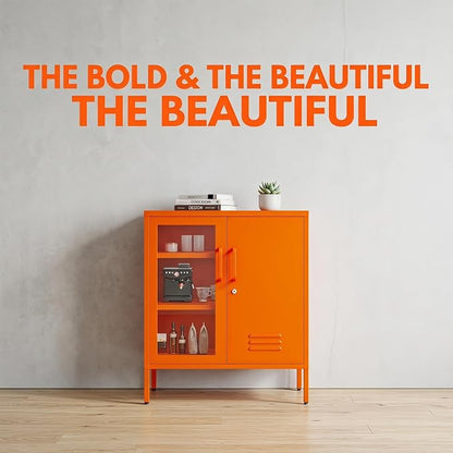 Storage Cabinet with Adjustable Shelves for Bathroom Living Room Foyer Kitchen Left Glass Door and Right Iron Door Orange Size：33" H x 29.5" W x 13.8" D