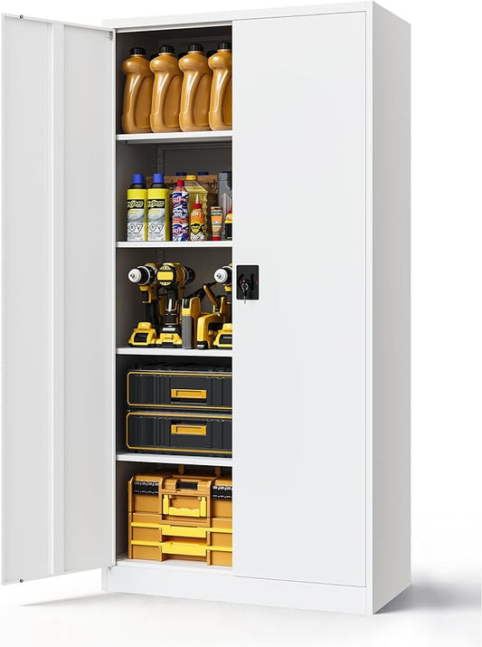 Metal Cabinet,71" Lockable Storage Cabinet with 2 Doors and 5 Adjustable Shelves,Tall Steel Cabinets for Garage,Home Office,Basement,School,Hospital(White)