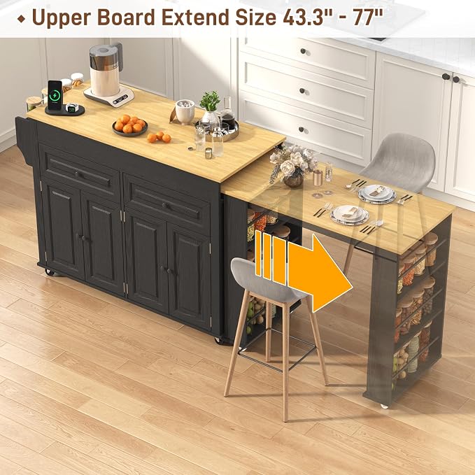 80"-48" Extendable Kitchen Island with Extended Dining Table and Power Outlet,Large Mobile Kitchen Storage Islands with 2 Storage Drawers,Rolling Islands Cart with 3 Extra Rows Open Shelves(Black)