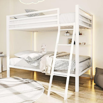 ikalido Metal Loft Bunk Bed Twin Over Twin Size with Ladder, Cream White | Safety Guardrail,No Box Spring Needed, Space Saving Bedroom Furniture