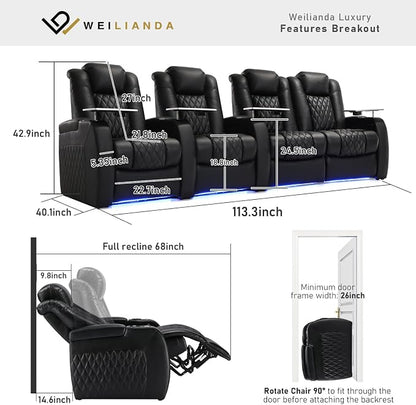 Weilianda Home Theater Seating Top Grain Leather Zero Gravity Recliner Chair Power Headrest Recline Movie Seat Gaming 7 Colors Mood Light Sofa with Tray Table USB Charge Row of 4 Loveseat Right Black